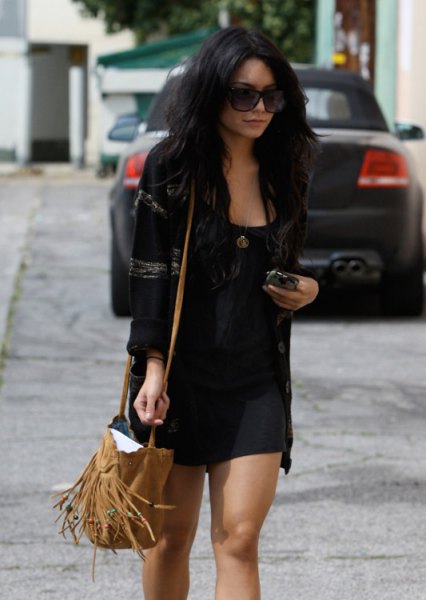 black bomber jacket with tank top with scoop neck and mini shorts