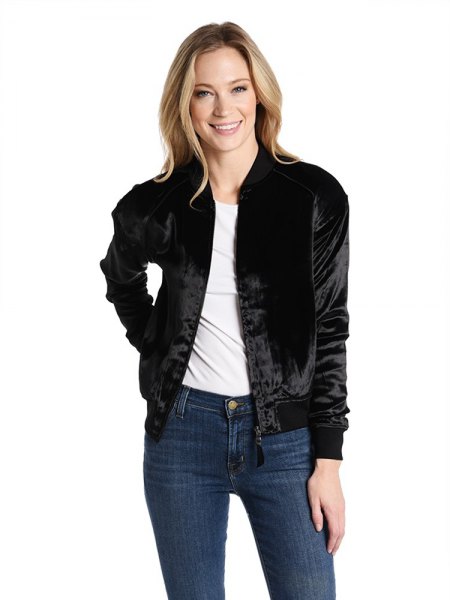black bomber jacket with white t-shirt with round neckline