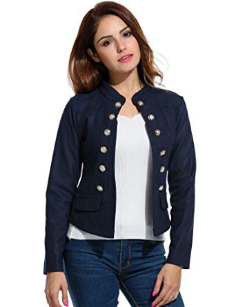 Knit blazer with black button placket and blue skinny jeans