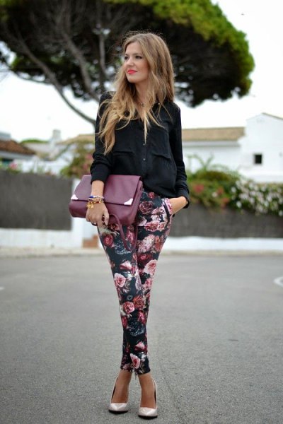 black shirt flower pants with buttons