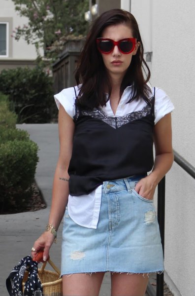black camisole, white shirt with cap sleeves