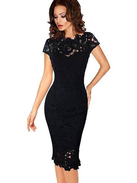 black figure-hugging lace midi dress with cap sleeves