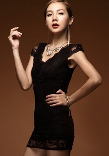 black cap sleeve v neck super mini bodycon lace dress