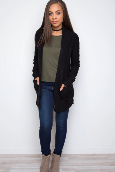 black knitted sweater with collar and gray t-shirt
