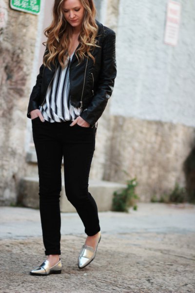 black casual blazer with vertically striped chiffon blouse and metallic slippers