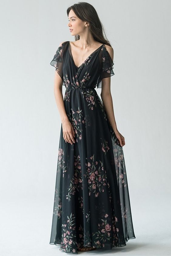 black chiffon dress with floral pattern