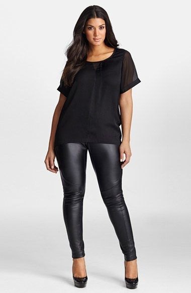 black chiffon t-shirt with scoop neckline and leather gaiters