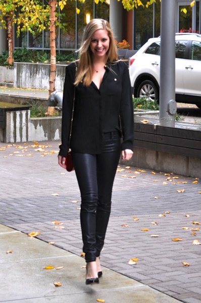black chiffon shirt with coated jeans