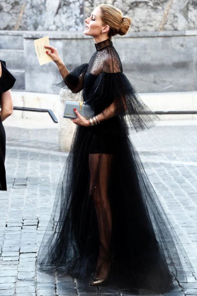 black tulle dress made of chiffon, transparent shoulders and tail