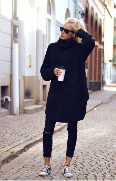 black, chunky sweater dress with ripped skinny jeans
