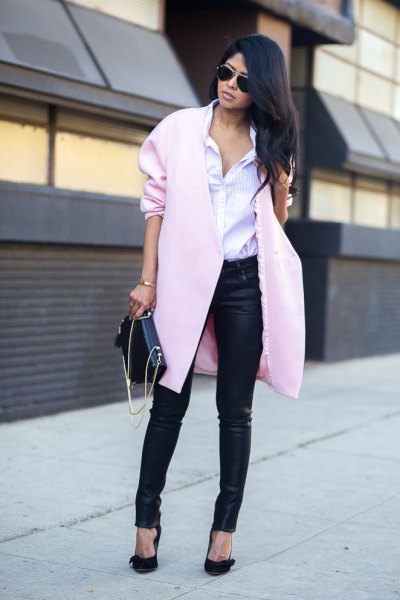 black coated jeans with a light gray wool coat