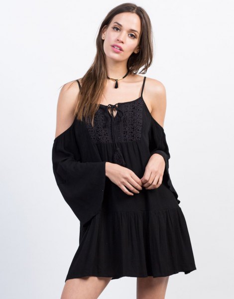 black tunic dress with cold shoulder and collar