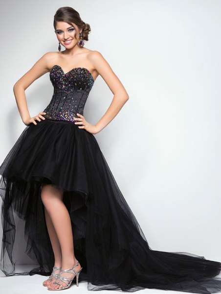 black corset high low flared chiffon dress