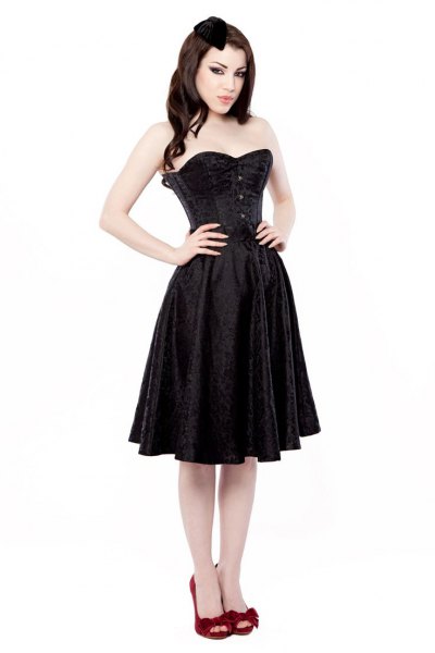 black knee-length flared corset dress