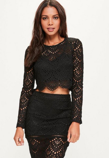 black crocheted long-sleeved crop top to match the figure-hugging skirt