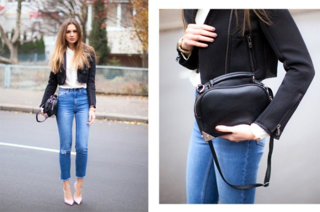 black, cropped blazer with white chiffon shirt and blue jeans