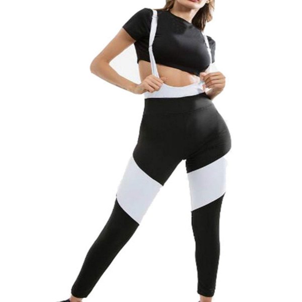 black cut, fitted T-shirt with white striped suspender cycling shorts