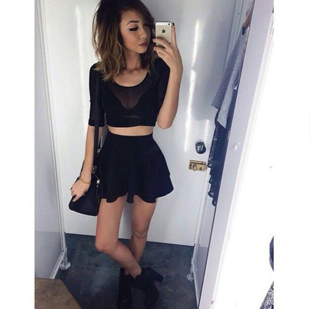 black, short cut mini skater dress with mesh top