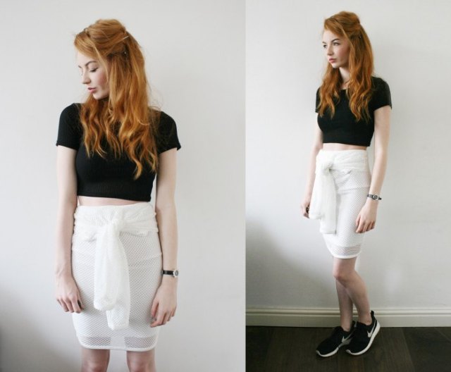 black short t-shirt with white band skirt