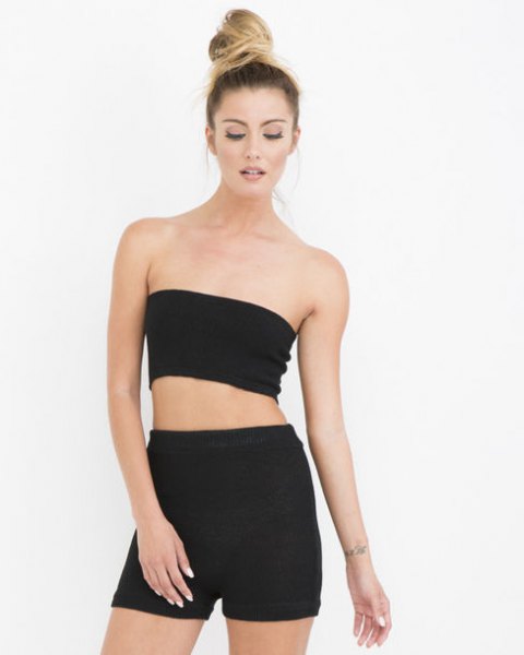 black short tube top with high-waisted mini-shorts