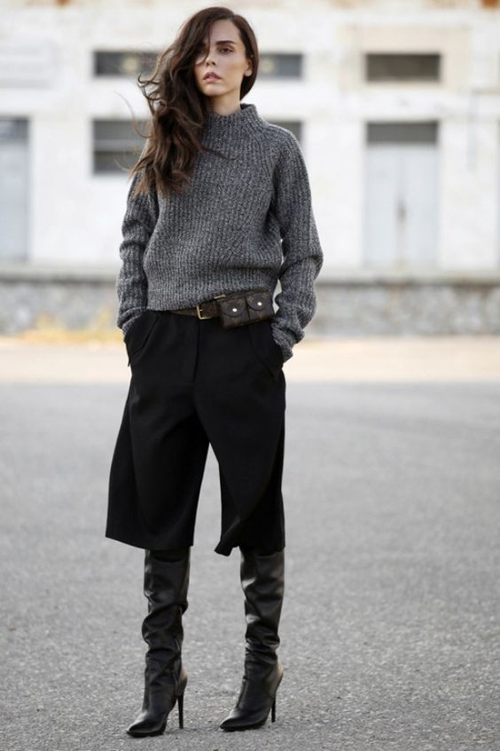 black culottes over the knee boots