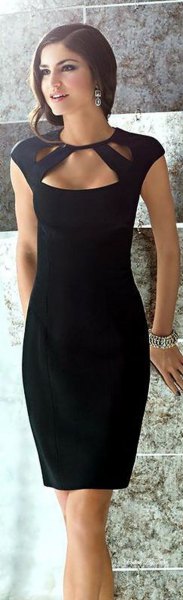 black, figure-hugging, knee-length dress