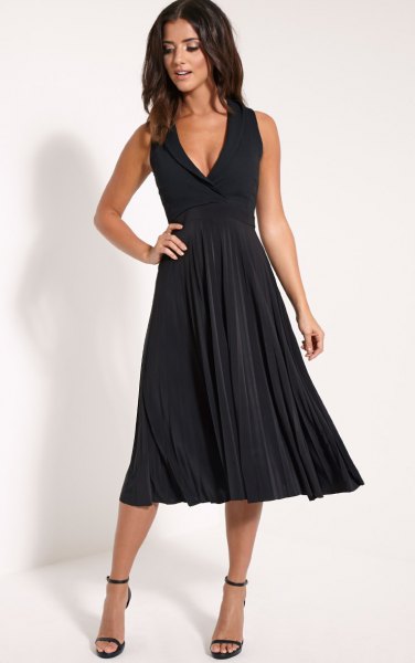 black deep-V-neck fit and flare midi pleated dress