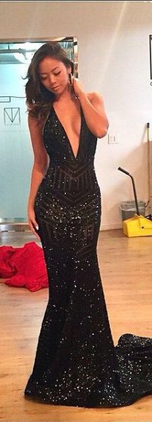 black mermaid dress with deep V-neck and sequins
