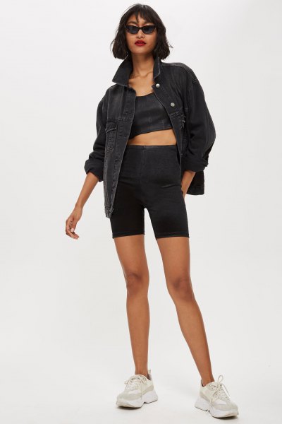 black denim jacket with crop top and matching cycling shorts