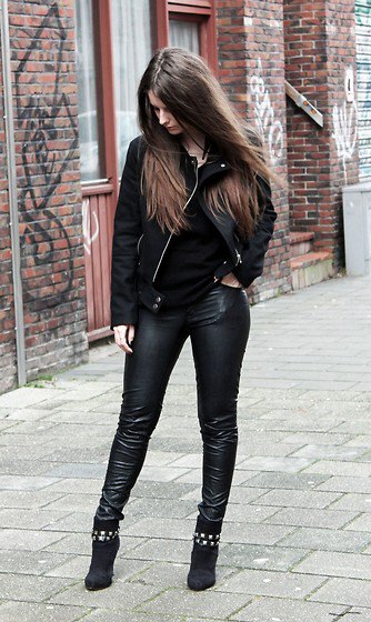 black denim jacket with leather gaiters and suede boots