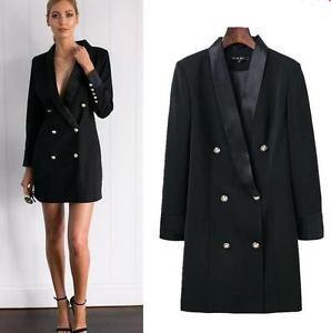 black double-breasted jacket dress with ankle straps and open toe heels