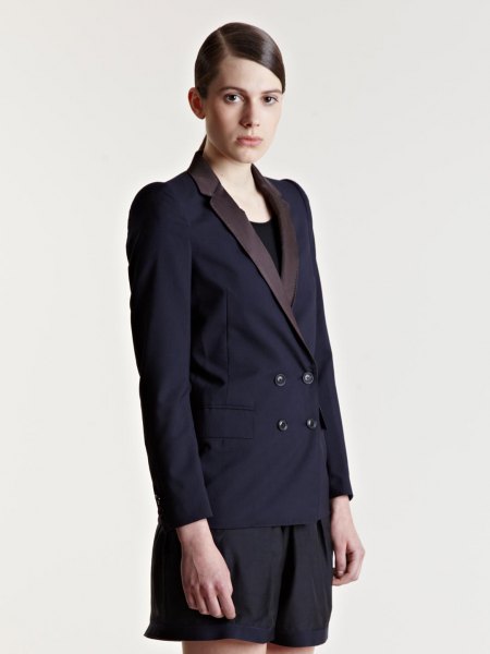 black double-breasted suit jacket with matching flowing shorts