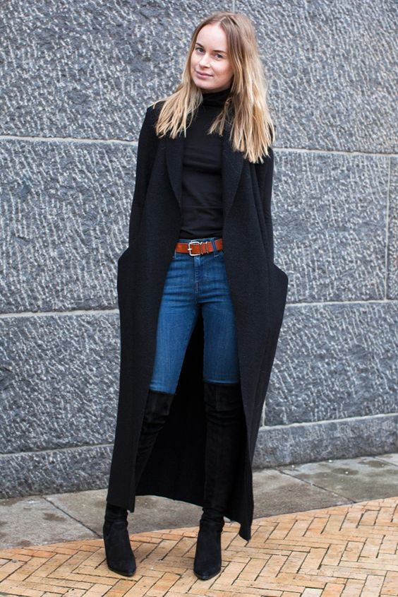 black duster coat thigh high boots
