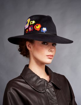 black embroidered bush hat with round leather shirt