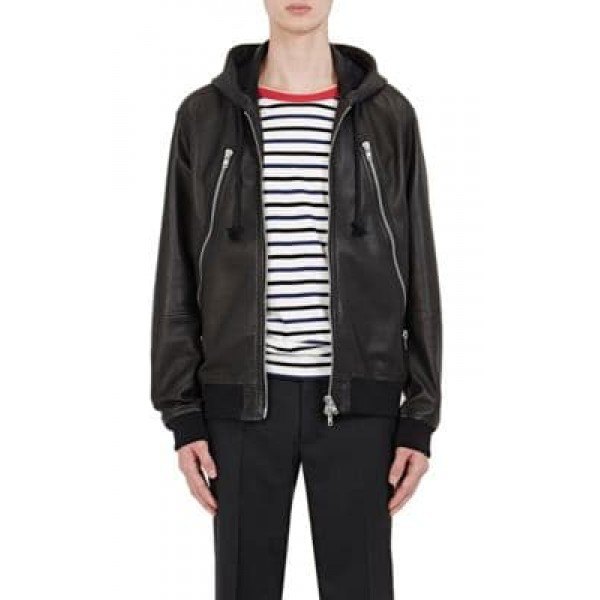 black leatherette hooded casual leather jacket with striped t-shirt