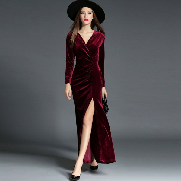 black felt hat with burgundy red maxi velvet wrap dress