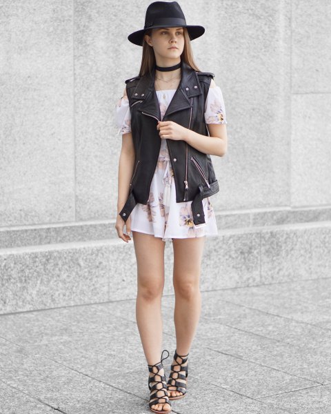 black felt hat with moto vest and strapless mini chiffon dress