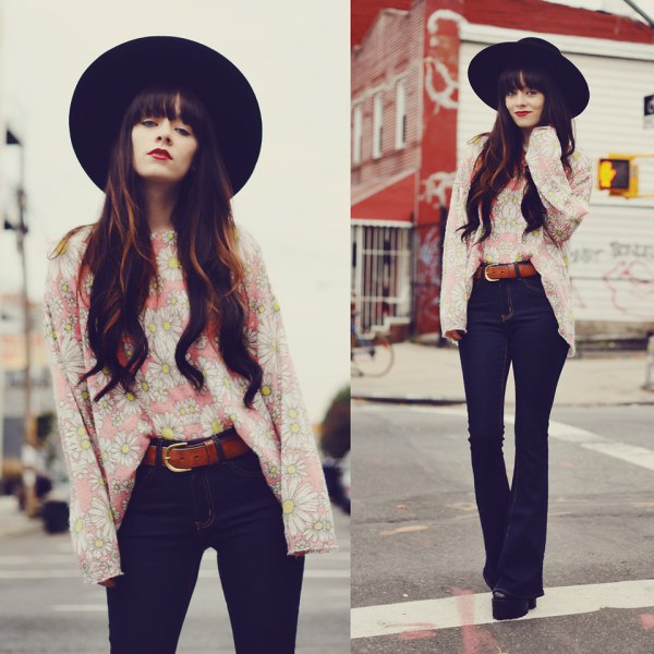 black felt hat with pale pink blouse and high-waisted trousers