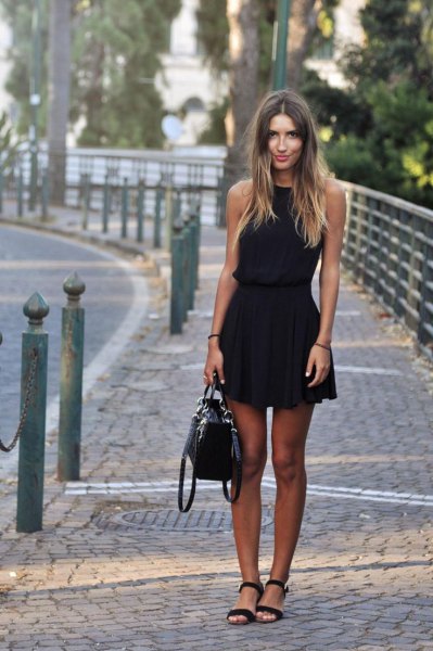 sleeveless mini dress with black fit and flare, open toe heels and leather handbag