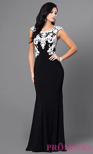 Black Floor Length Dress with White Lace Accents at PromGirl.com .
