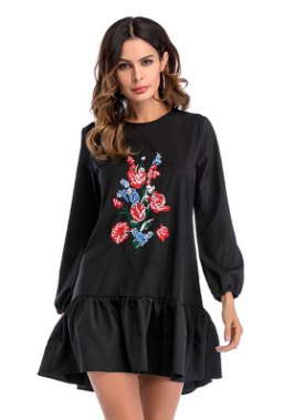 black, embroidered, casual sweatshirt dress with floral pattern