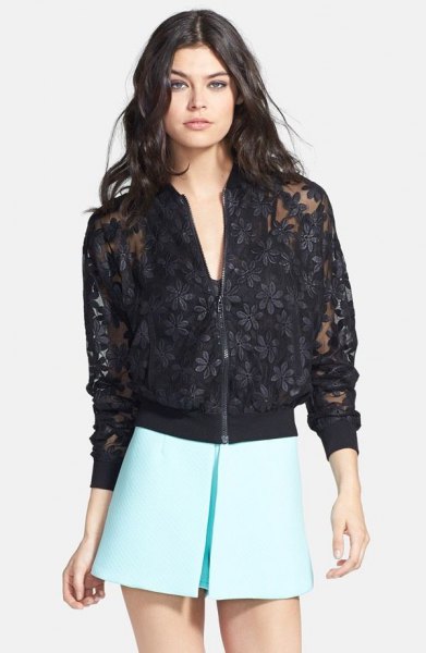 black lace jacket embroidered with flowers with white skater miniskirt