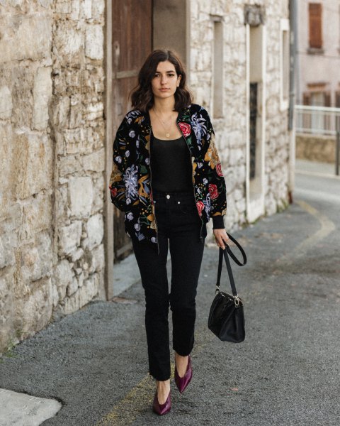 black velvet bomber jacket embroidered with flowers with a scoop neck tank top