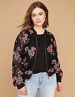 black sports jacket with floral pattern and light blue boyfriend jeans