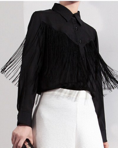 black shirt with fringes and white midi shirt
