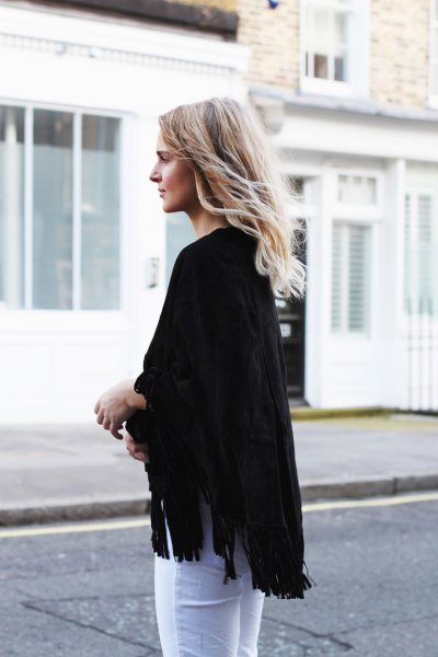 black skinny poncho jeans with fringes