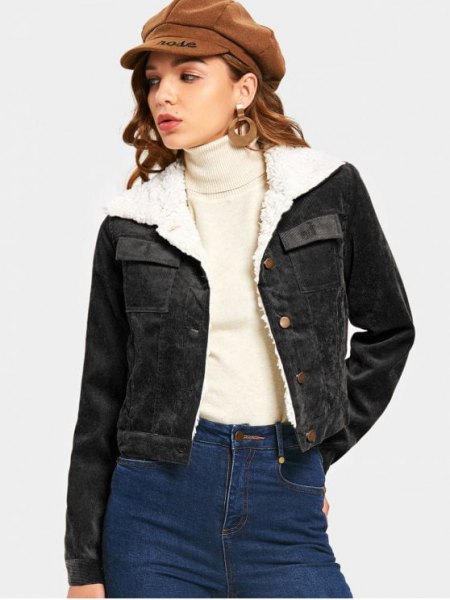 black fur collar jacket high neck sweater flat cap