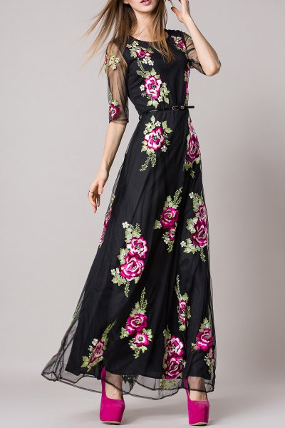 black ruched waist maxi floral dress