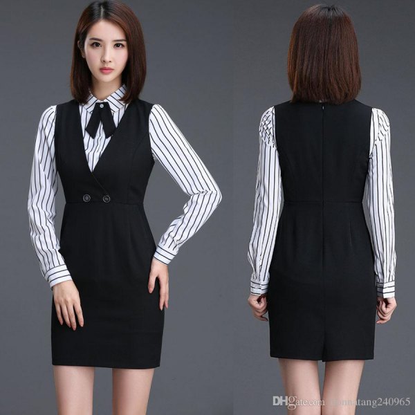 black mini remnant dress with gathered waist and striped shirt with buttons