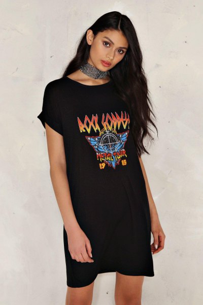 black graphic t-shirt dress with silver sequin collar